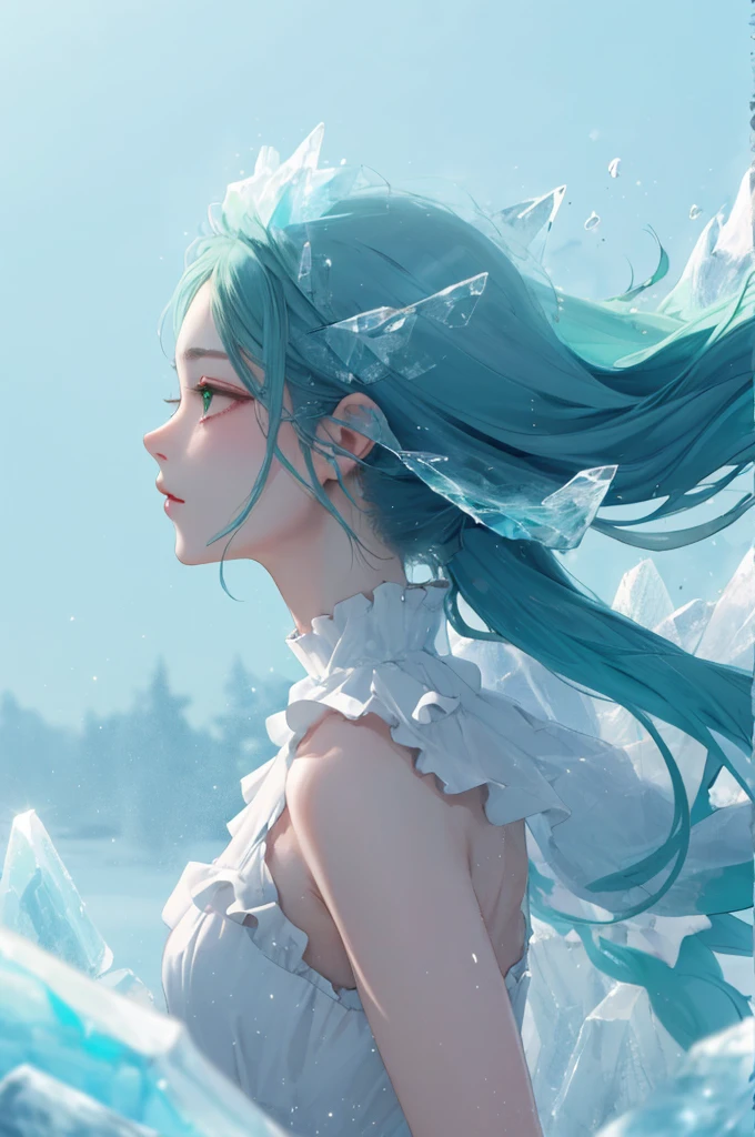  １ beautiful girl、From the side、 skin texture、shoulder、  mist dress 、Frills、Ice Breath、Hand hold ice 、cool、 Soft、 SPARKLING REFLECTION 、 natural ice blue super long hair、 Mist and Fusion 、GREEN - DARK MIST 、Blurred background、 blurry background、 warm light、HD