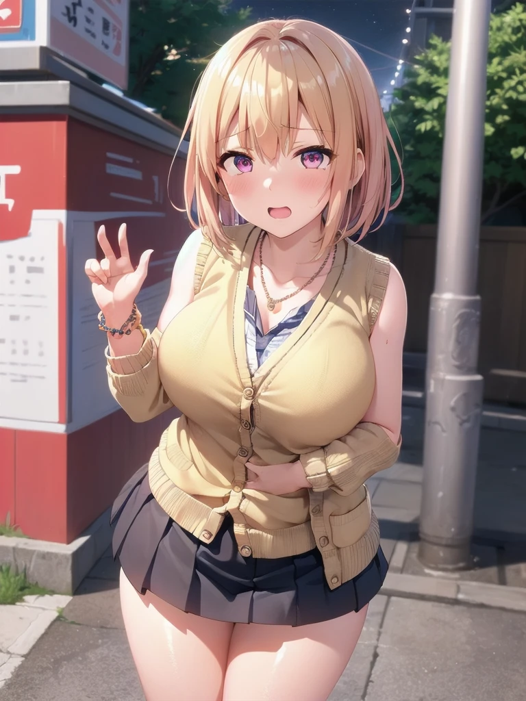 masterpiece, best quality, ultra high res, ultra-detailed, outside on a crowded square with a beautiful downtown landscape, day, sakura, (gigantic tits: 1.6), (dense pubic hair: 1.4), (school uniform with white unbuttoned shirt and giant cleavage, black pleated skirt, black pantyhose, black short boots: 1.4), areola of breasts pressing against shirt, lewd slutty face, flushed face, smiling with partially open mouth, (she is standing in a erotic pose: 1.6)