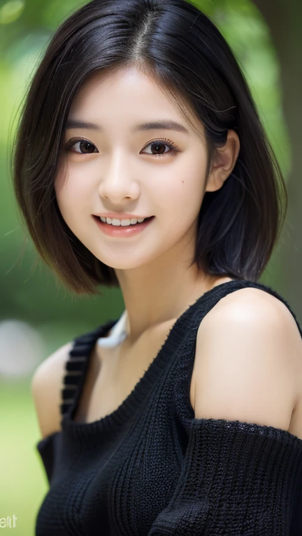 Best-quality, Masterpiece, Ultra-High-Resolution, (Photorealistic:1.4), Raw-Photo, front-view, from above, 1girl, 15-years-old, the most famous Japanese idol, (leaning forward, looking up, ((hands on hip)), innocent smile, wearing loose-sweater), extremely cute face like a most popular Japanese idol, (((((extremely beautiful big-black-eyes))))), extremely beautiful black-short-cut-haired, extremely beautiful long-eyelashes, extremely beautiful skins, extremely realistic skins, extremely beautiful abundant cleavage, detailed big-black-eyes, detailed loose-sweater