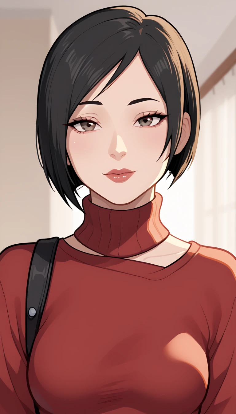 Cartoon screencap 2d, adult woman,  , ada wong, closeup Portrait, v over eyes, sweater 