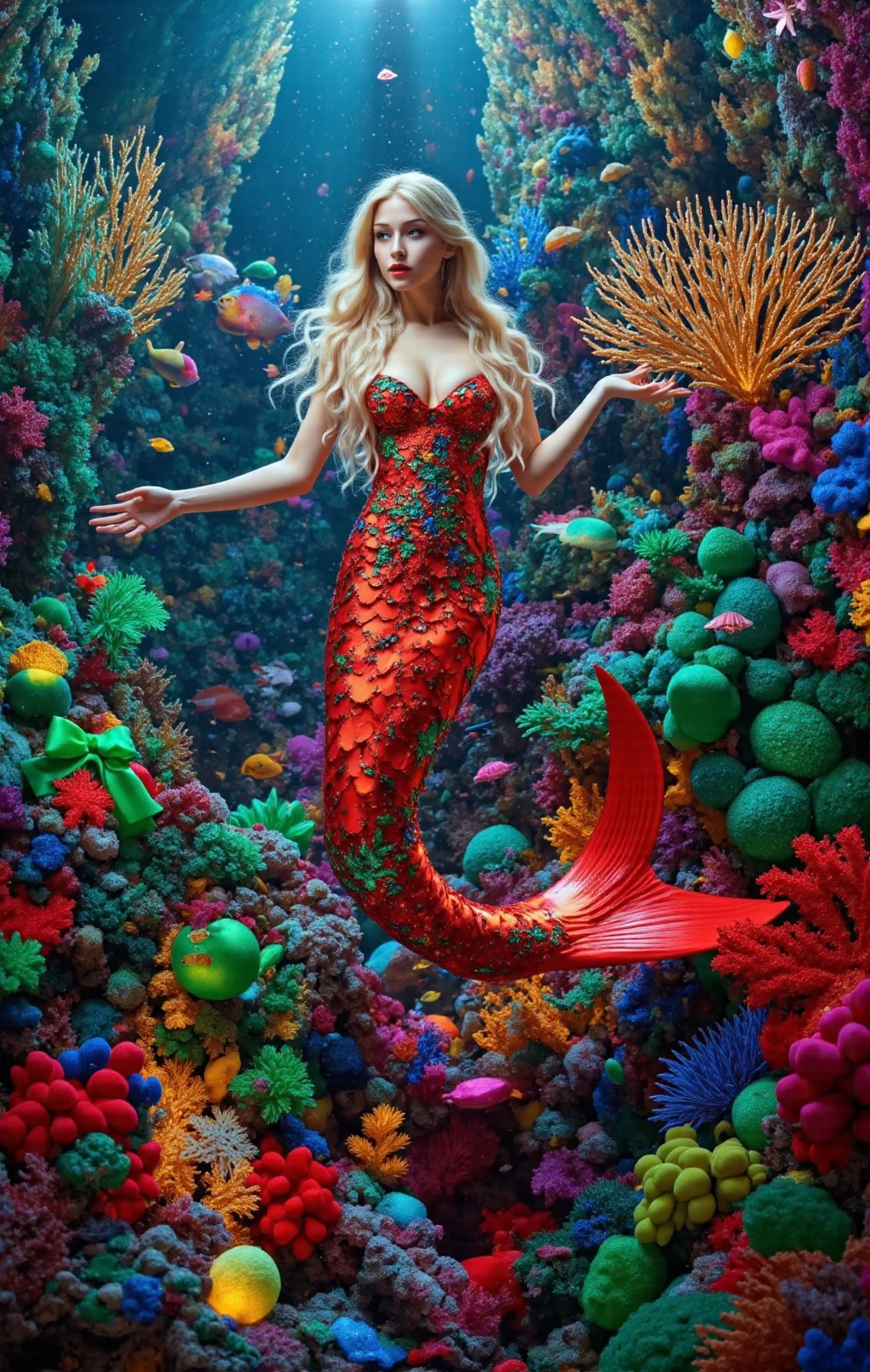 Very attractive 25 year old caucasian female with platinum blonde bob hair, with bangs, A mermaid diving on the deep sea, a lighting on her, a beautiful bottom of the sea with coral, a very dark of the sea. , eating watermelon, Many sea creature surround her, photo quality
