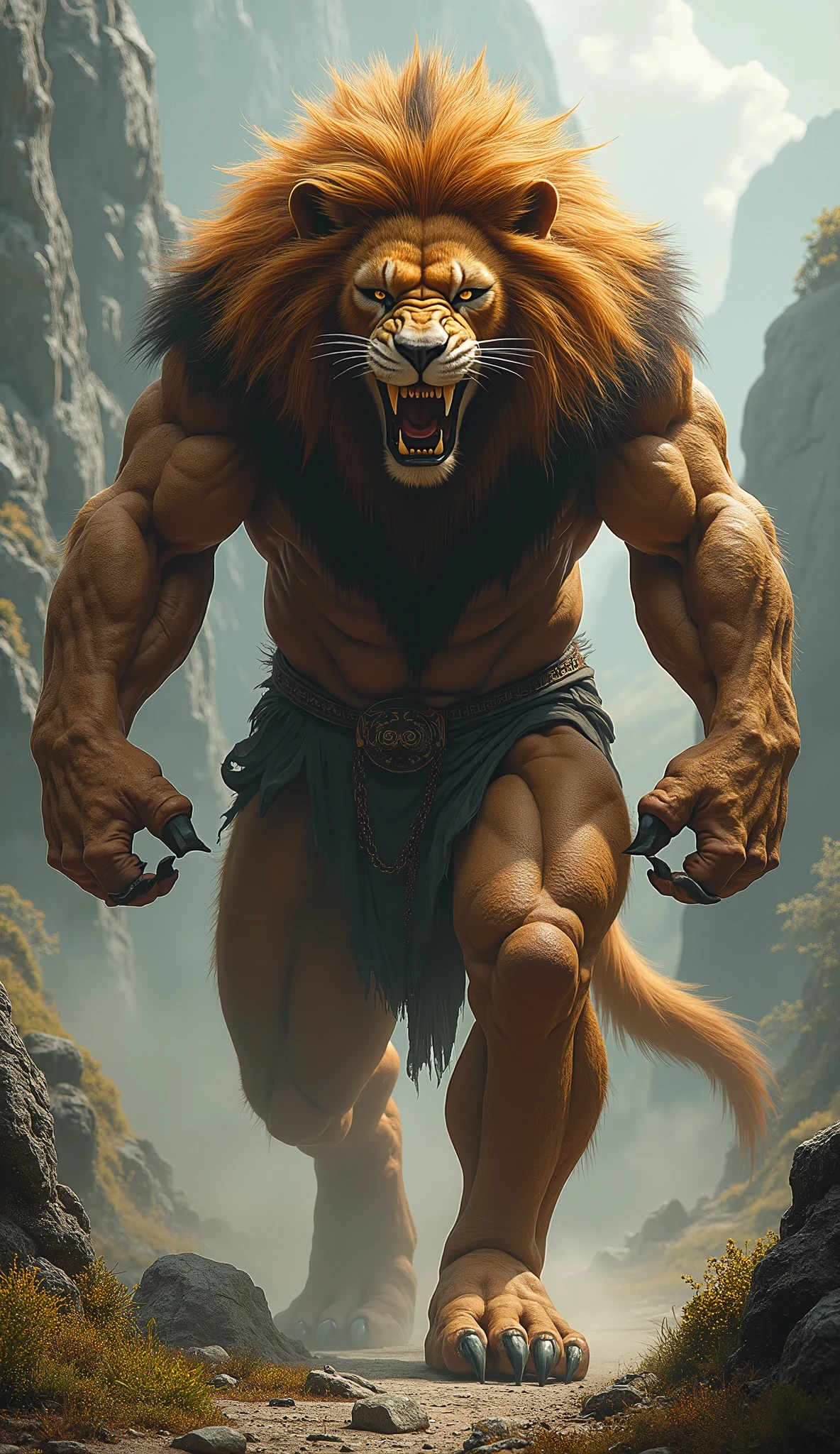 dark fantasy art, Loaded on E621, Anthro, furry, explicit, ((Lion Man)), high resolution, ((Detailed realistic image)), (detailed eyes, expressive eyes:1.2), Impaste Impressionism, crazy details, Soft, cinematic lighting, (by hyperrealist:1.3), (by detailed:1.2), Pupils, (View of the upper body), (body covered in hair), (masculine), hyper muscular, Huge muscles, Massive construction, wide shoulders, giant body, (lion man face), (Characteristics of the lion man), Lower savannah, Barbarian Loincloth, A semi-medium long flaccid penis with foreskin visible, testicles, sagging, is coming, nipples, NSFW,