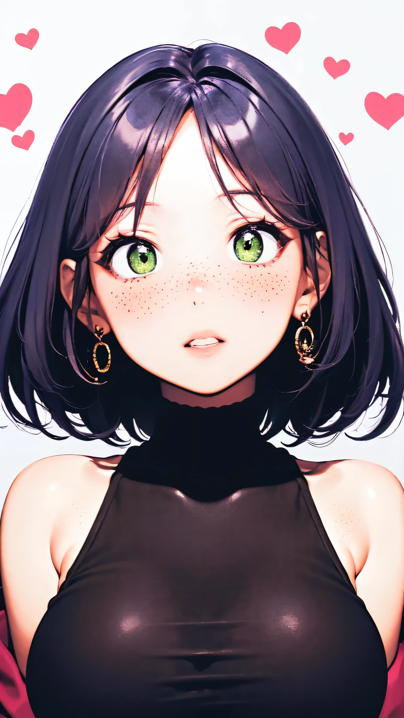 (masterpiece, highres, high resolution:1.2), anime 20 yo girl, portrait, shoulders up, illustration. drawn, violet hair, asian girl, green eyes, blushing, solo, surprised, freckles, big lips, huge breasts, perfect body, wearing a tight crop top, no hands.