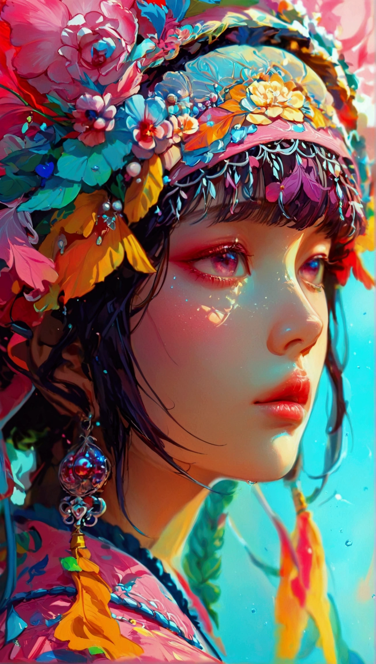  A close up of a woman wearing a colorful headdress., Beeple and James Jean, por Russell Dongjun Lu, inspired by Yanjun Cheng, Beeple y Jeremiah Ketner, inspired por Russell Dongjun Lu, james jean y wlop, artwork in the style of guweiz, inspired by Hikari Shimoda 