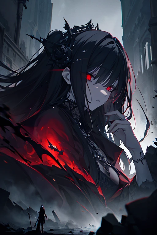 1 loli girl , (((red lighting))) ,((tied up with chains)) ,cinematic lighting, candles , ((Faintly emerge from the darkness)) , cinematic angle , ((blood rain)) , (rape face) ,black long straight hair, hair ribbon , red eyes,black dress, ((tattered clothes)), (glowing eyes), (((horror))) ,(background Torture room),((masterpiece)), ((best quality)), ((ultra-detailed)), (illustration), ((an extremely delicate and beautiful))