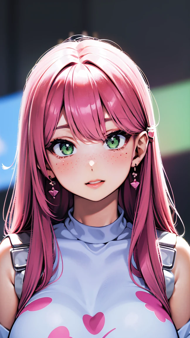 (masterpiece, highres, high resolution:1.2), anime 20 yo girl, portrait, shoulders up, illustration. drawn, violet hair, asian girl, green eyes, blushing, solo, surprised, freckles, big lips, huge breasts, perfect body, wearing a tight crop top, no hands.