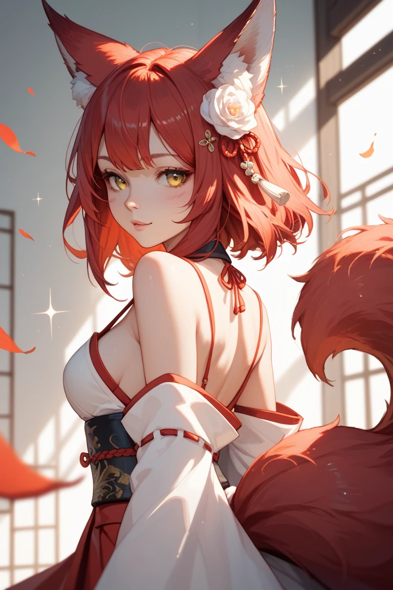 a beautiful red-haired kitsune woman, yellow eyes, multiple red kitsune tails, long red ears, mature and sexy body, large breasts, wearing a red kimono with dragon pattern, (best face,extremely detailed eyes and face,beautiful detailed eyes,beautiful detailed lips,longeyelashes,detailed kimono,detailed tails,detailed body,dramatic lighting,vibrant colors,cinematic composition