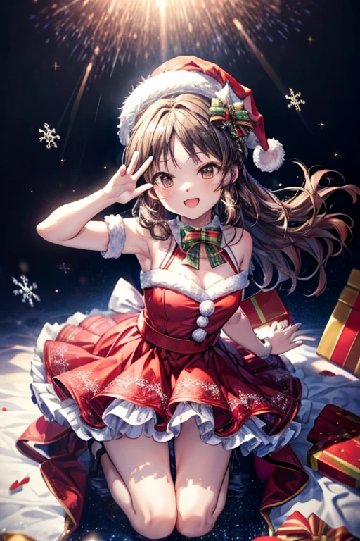 Masterpiece　 top quality　　Racing bloomer with beautiful front legs 　Beautiful upper body　Beautiful lower body　 well-balanced body 　Two perfect legs　 Perfect Five Fingers　 Christmas Live 　Idol　from front　kaori sakuramori full body looking up arm up  jumping happysmile ステージ　 Spotlight 　illumination　　 christmas costume　 skirt　braid hair, long hair　Santa Girl　Red and white dress　
Merry Christmas　Merry Christmas sign