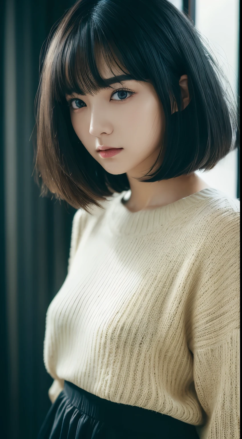 a close up of a woman with a sweater on posing for a picture, Middle metaverse, 奈良美智, Japanese Models, Beautiful Asian Girl, With short hair, 2 4 years old female model, 4 k ], 4K], 2 7 years old, sakimichan, sakimichan