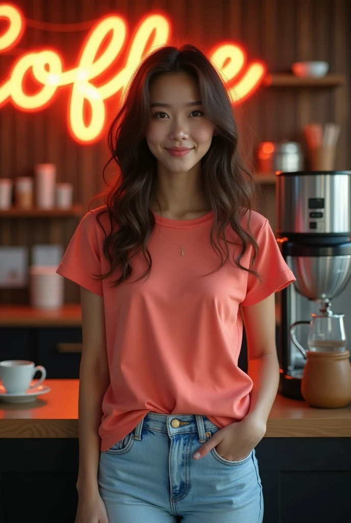 The image shows a young woman named Tia standing in a coffee shop. She is wearing a coral-colored t-shirt and light blue jeans. A neon "Coffee" sign is visible in the background. The overall style is casual and relaxed.