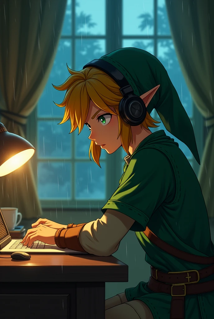 A Japanese anime-style image of Dark Link from The Legend of Zelda, sitting at a desk wearing headphones, with a focus on his face. He looks calm but badass, his intense eyes showing his inner strength. His green tunic and iconic hat are visible, and the background is a late night rain cozy room. The lighting is soft and warm, creating a relaxed, lofi atmosphere, while Link’s determined expression stands out as the main feature. 