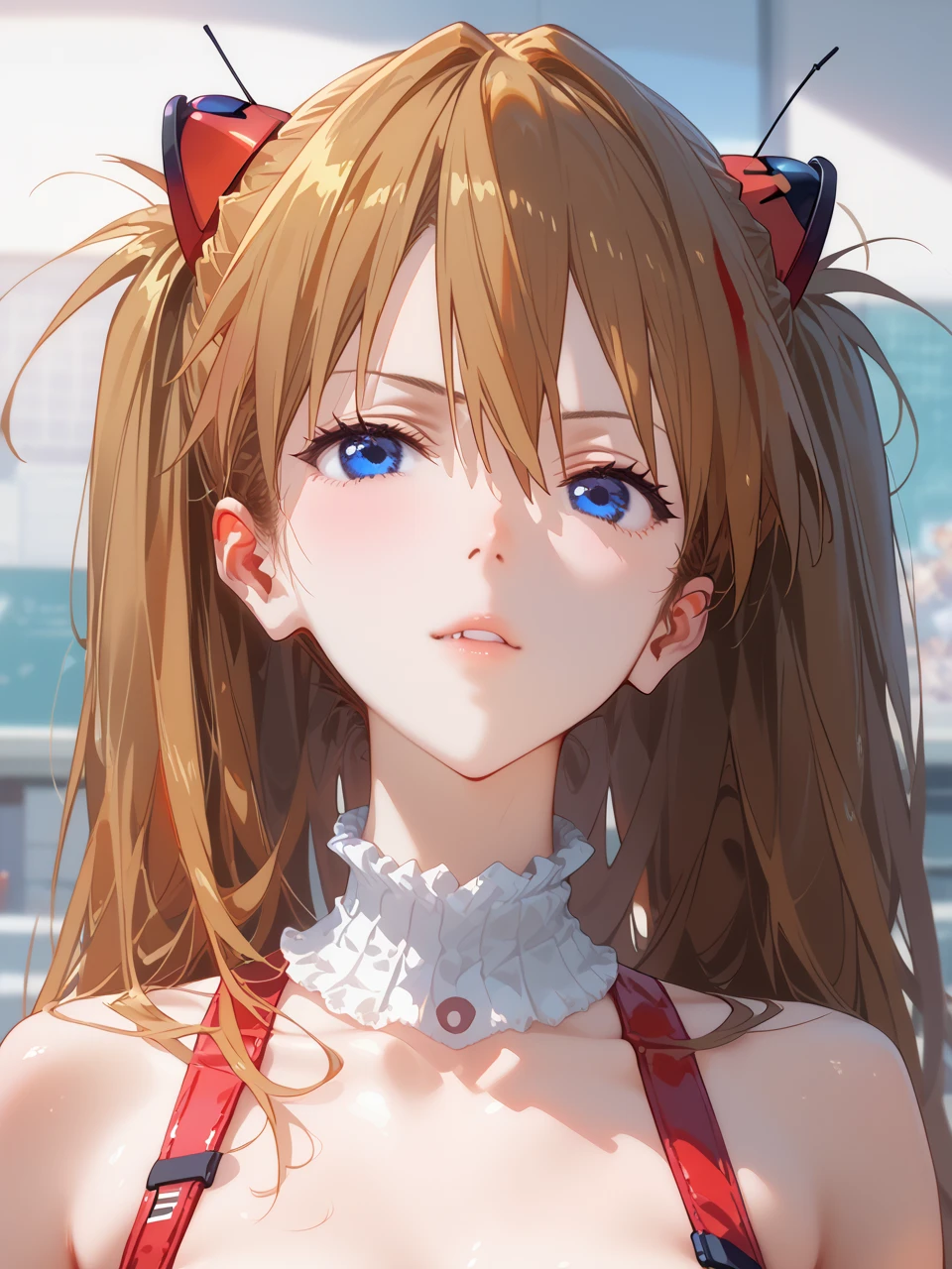         top quality,         top quality,        High Quality Pictures        ,     masterpiece  ,             super high resolution     ,           Detailed Background    ,           absurd,         perfect anatomy     ,       good lighting   ,        Photo Gallery    ,         Shikinami Asuka Langley、 long hair、bangs、  blue eyes、  brown hair  、  hair ornament 、 red plug suit 、interface headset、、