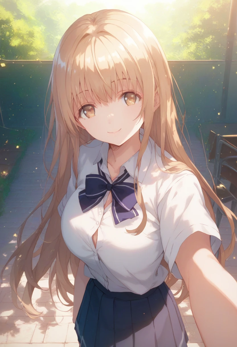 Solo, POV, Mahiru Shiina, The Angel Next Door Spoils Me Rotten, big breast, school uniform, smile, standing, outdoor, Volumetric lighting, Volumetric particles,