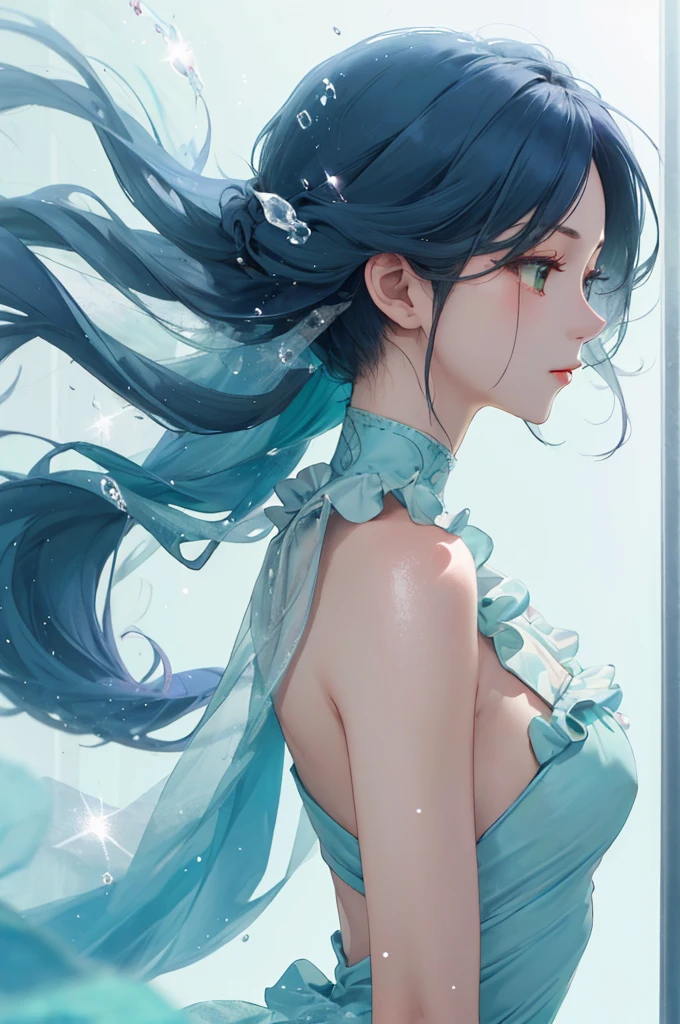  １ beautiful girl、From the side、 skin texture、shoulder、 mist dress 、Frills、Breath、cool、 Soft、 SPARKLING REFLECTION 、 natural ice blue super long hair、 Mist and Fusion 、GREEN - DARK MIST 、Blurred background、 blurry background、 warm light、HD