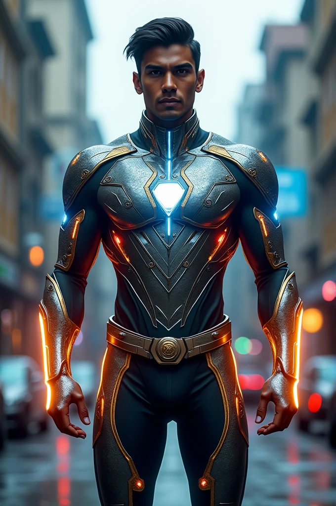 A yellow and blue men's suit, with white details reminiscent of sunbeams and electronic circuits. The suit is charged with energy, visible through constant sparks and glows.