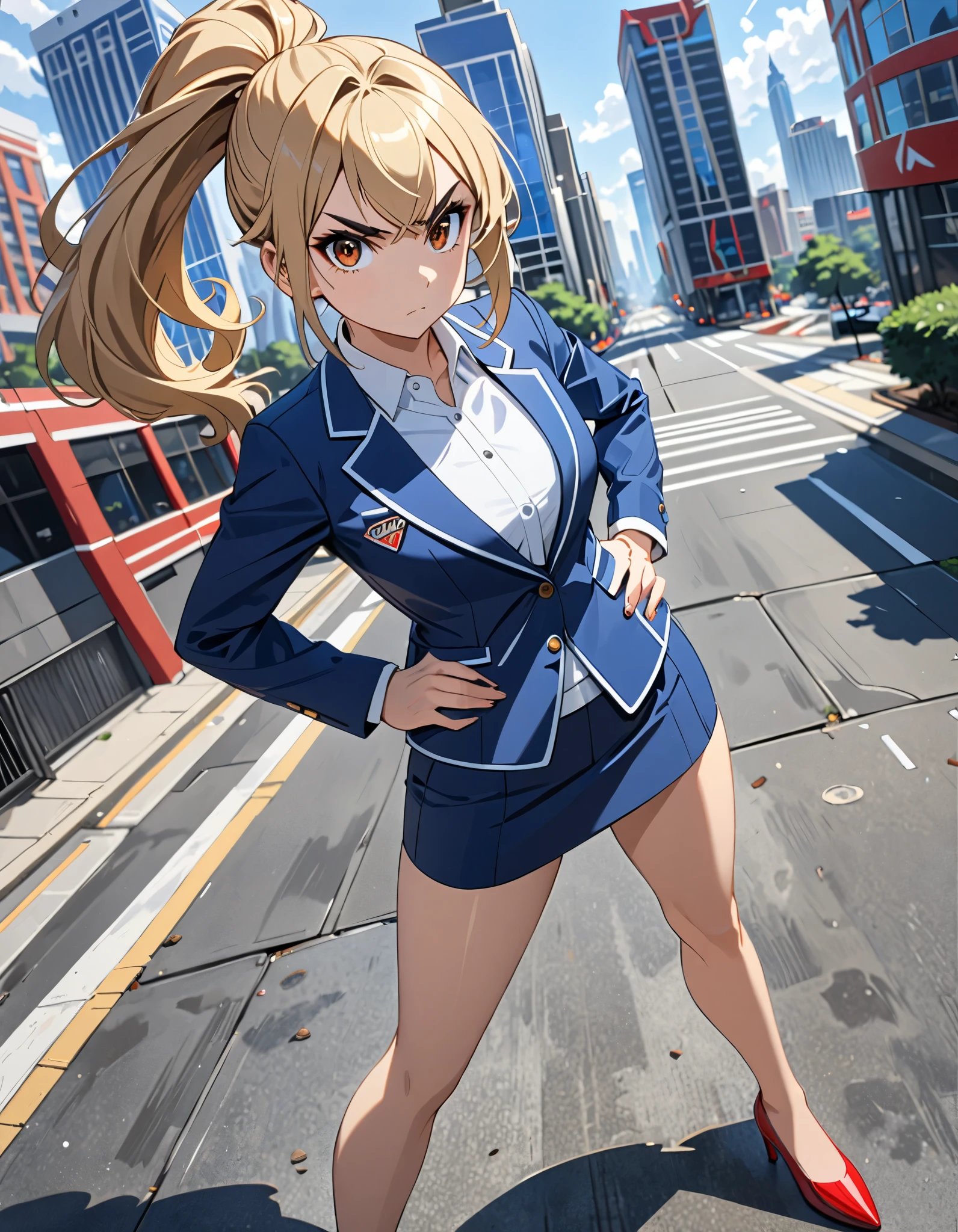 Busty waifu girl in Japanese school uniform crossing the street