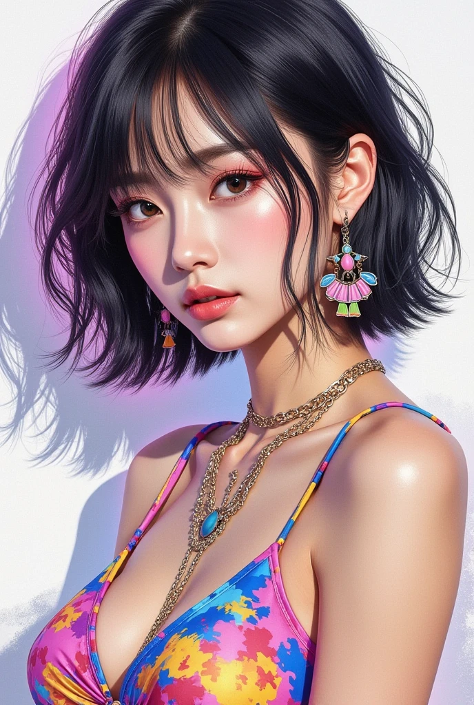 Portrait of a beautiful Japanese woman ,  Stylish Closeup,  wave hair included, unkempt bob cut hair on board , Brilliant surreal color :1.331,  Sketchy Style :1.331,  high definition,  Digital Artwork ,  vibrant minidress,  Necklaces ,  earrings, 
