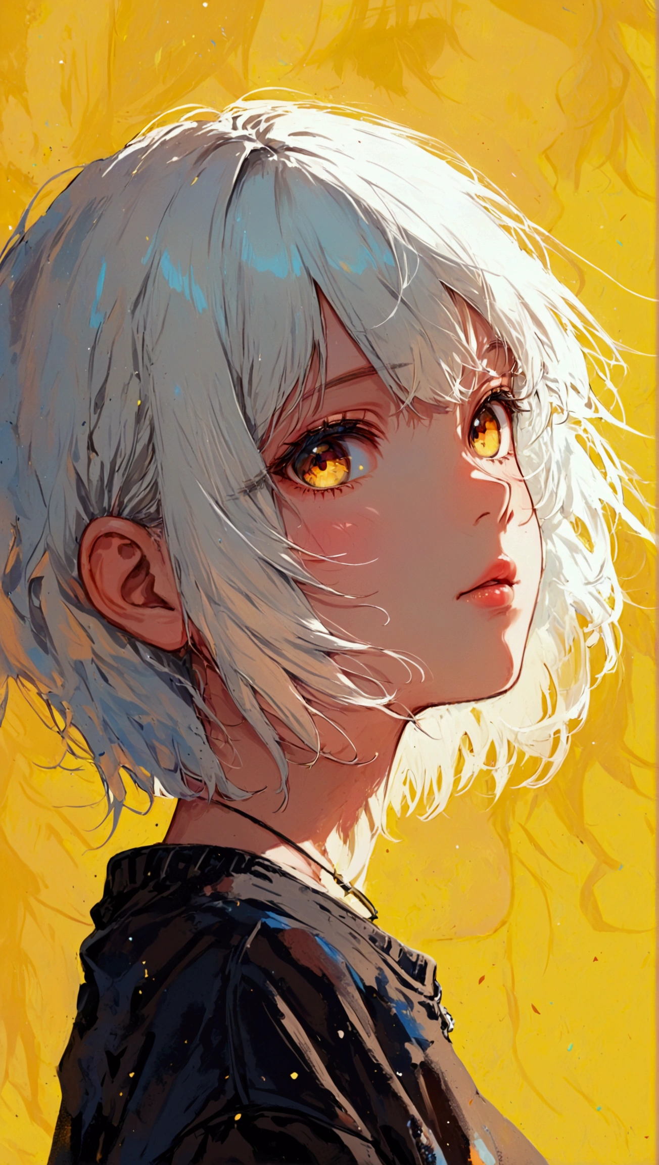  a close up of a person with blond hair and yellow background, anime girl profile,  anime girl profile portrait ,  stunning anime face portrait , anime style portrait,  sweatshirt,  visual anime of a cute girl , girl with short white hair , Beautiful anime portrait, anime vibes,  anime-style illustration , detailed portrait of an anime girl, Clean and detailed anime art