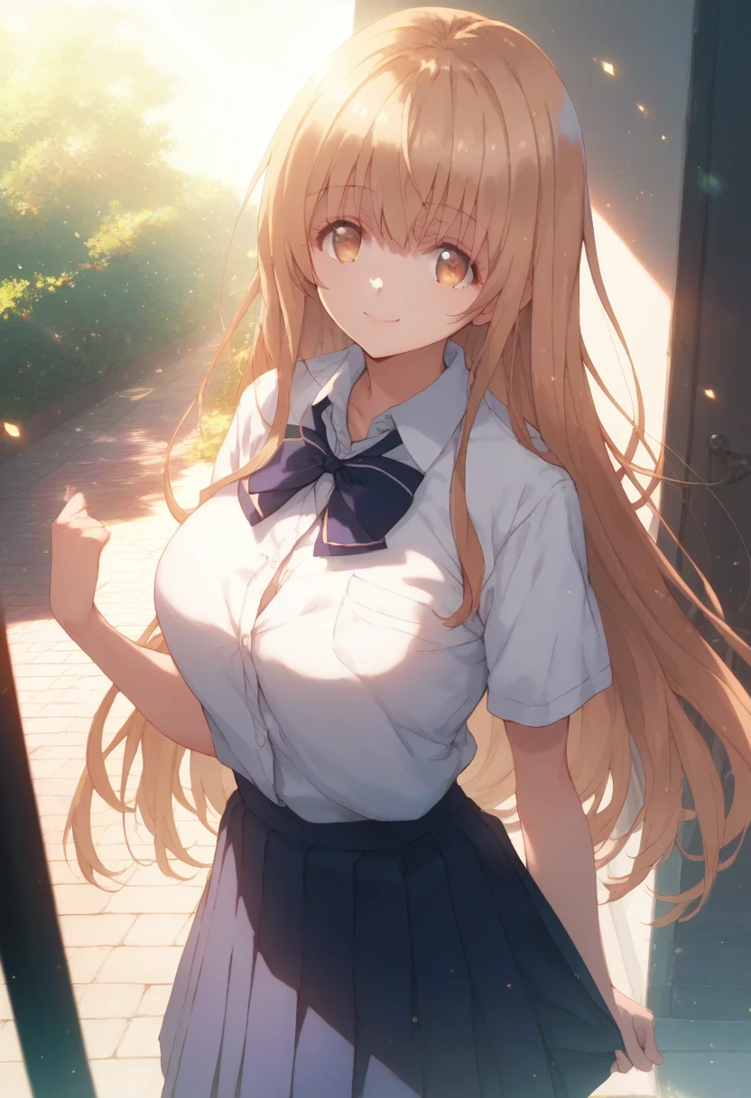 Solo, POV, Mahiru Shiina, The Angel Next Door Spoils Me Rotten, big breast, school uniform, smile, standing, outdoor, Volumetric lighting, Volumetric particles,