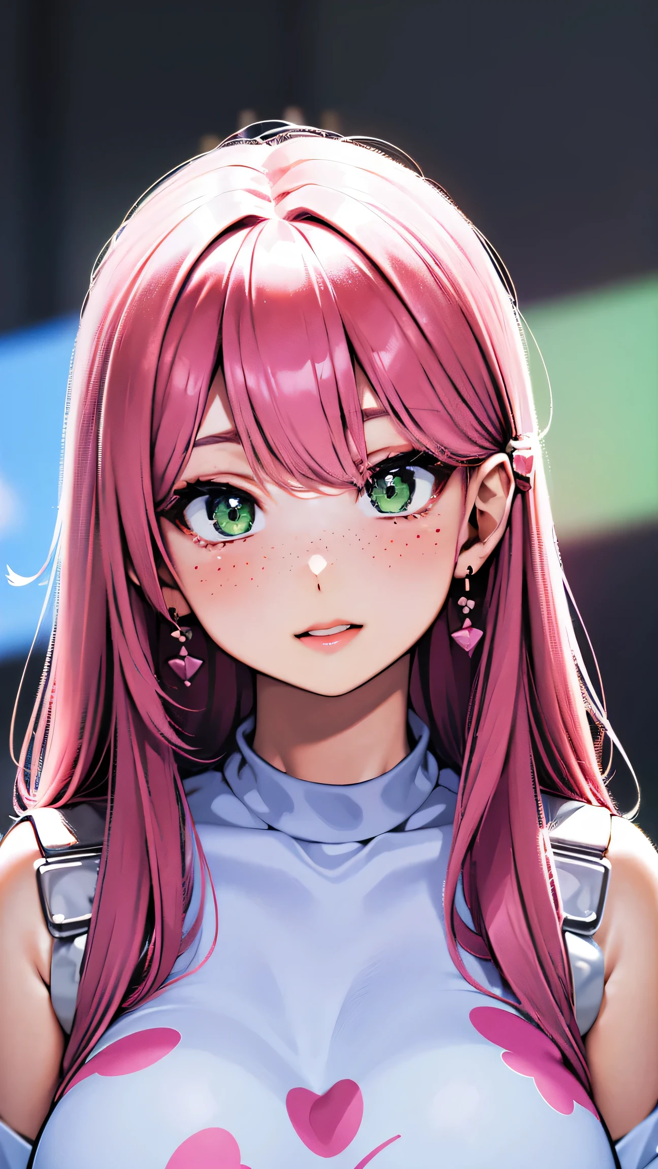 (masterpiece, highres, high resolution:1.2), anime 20 yo girl, portrait, shoulders up, illustration. drawn, violet hair, asian girl, green eyes, blushing, solo, surprised, freckles, big lips, huge breasts, perfect body, wearing a tight crop top, no hands.