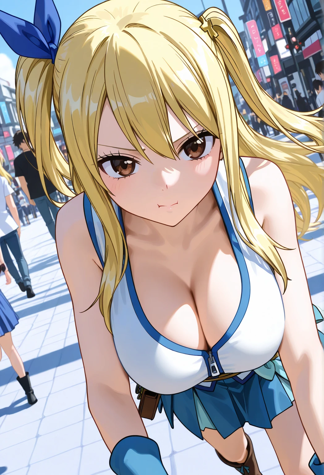   ultra-realistic pictures  、  RAW photo 、  realism、  3d rendering、 Unity Engine , BREAK  Lucy Heartfilia holding a gold key,   Lucy Heartfilia holding a gold key,Alone  ,  Blonde ,   brown eyes ,   long hair,  One side up, ribbon, hair ribbon, blue ribbon,   skirt,   shirt,Bare Skin,(Big Breasts:0.7) ,  boots,   sleeveless, blue   skirt,   sleeveless   shirt, white   shirt, zipper,Indoor rest , walking, evil smiling, delightful,  Viewers,   bust up, Alone,   dutch angle ,Hanging breasts、  cleavage、Loose clothing, cleavage、Pouting mouth、 upper body close-up、Idol Pose、 Cute Poses