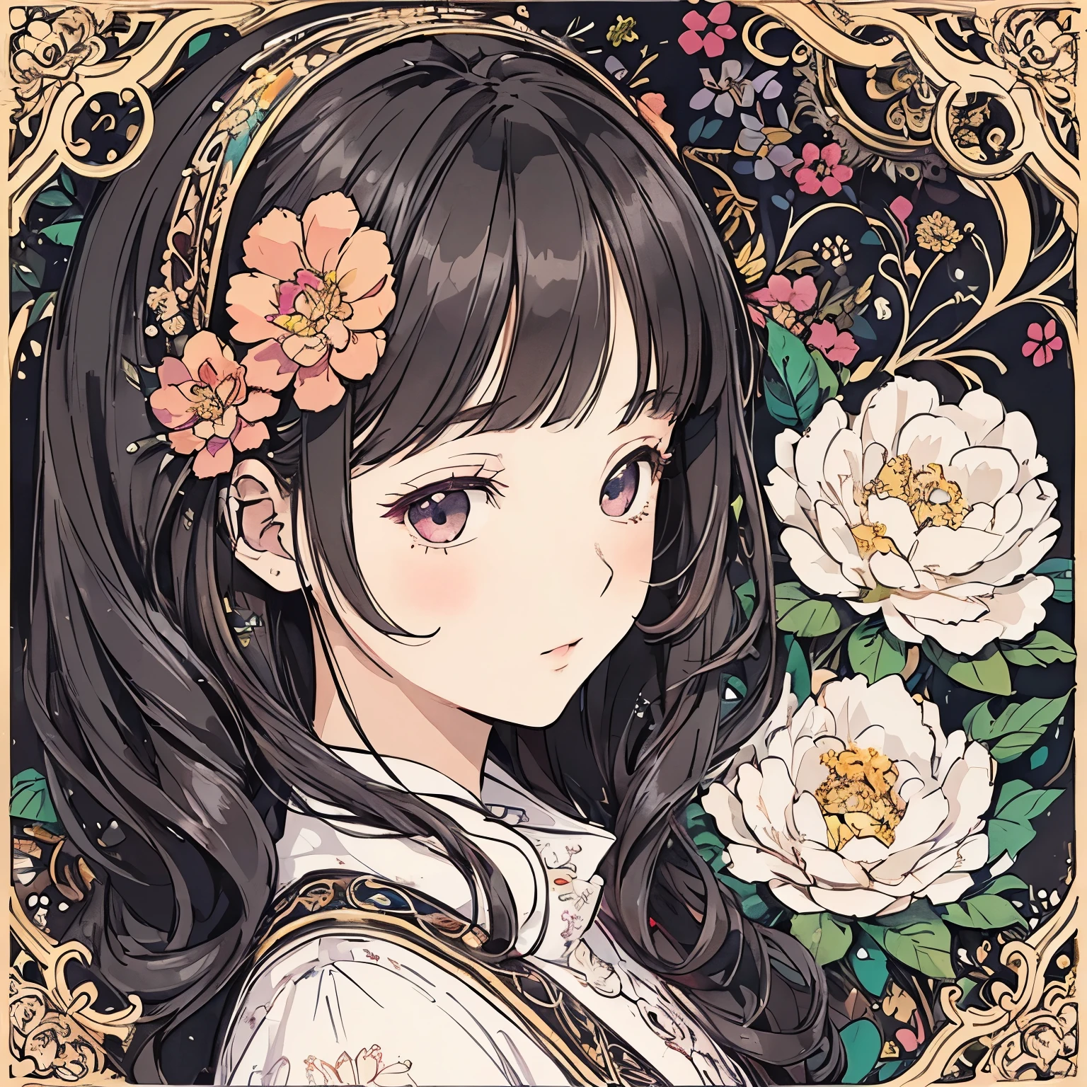 (masterpiece、 top quality、 top quality、 Official Art 、Beautiful aesthetic:1.2)、( one girl :1.3)、 very detailed、( fractal art :1.1)、(color:1.1) (Floral:1.3)、、Pen drawing、 zentangle、(Complex Lines)、(masterpiece)、( top quality:1.1)、( ultra-detailed)、 best illustrations、 Fine Details、 、 high contrast、( Clean lines :1.3)、( Portraits)、( very close up:1.1)、 girly fashion、 antique、藤colorと黒、 One girl 、solo、The girl is surrounded by flowers、(Exquisite depiction:1.3)、( Detailed Background :1.2)、( colorful background:1.1)、Sketched、Exquisite depiction、 high definition
