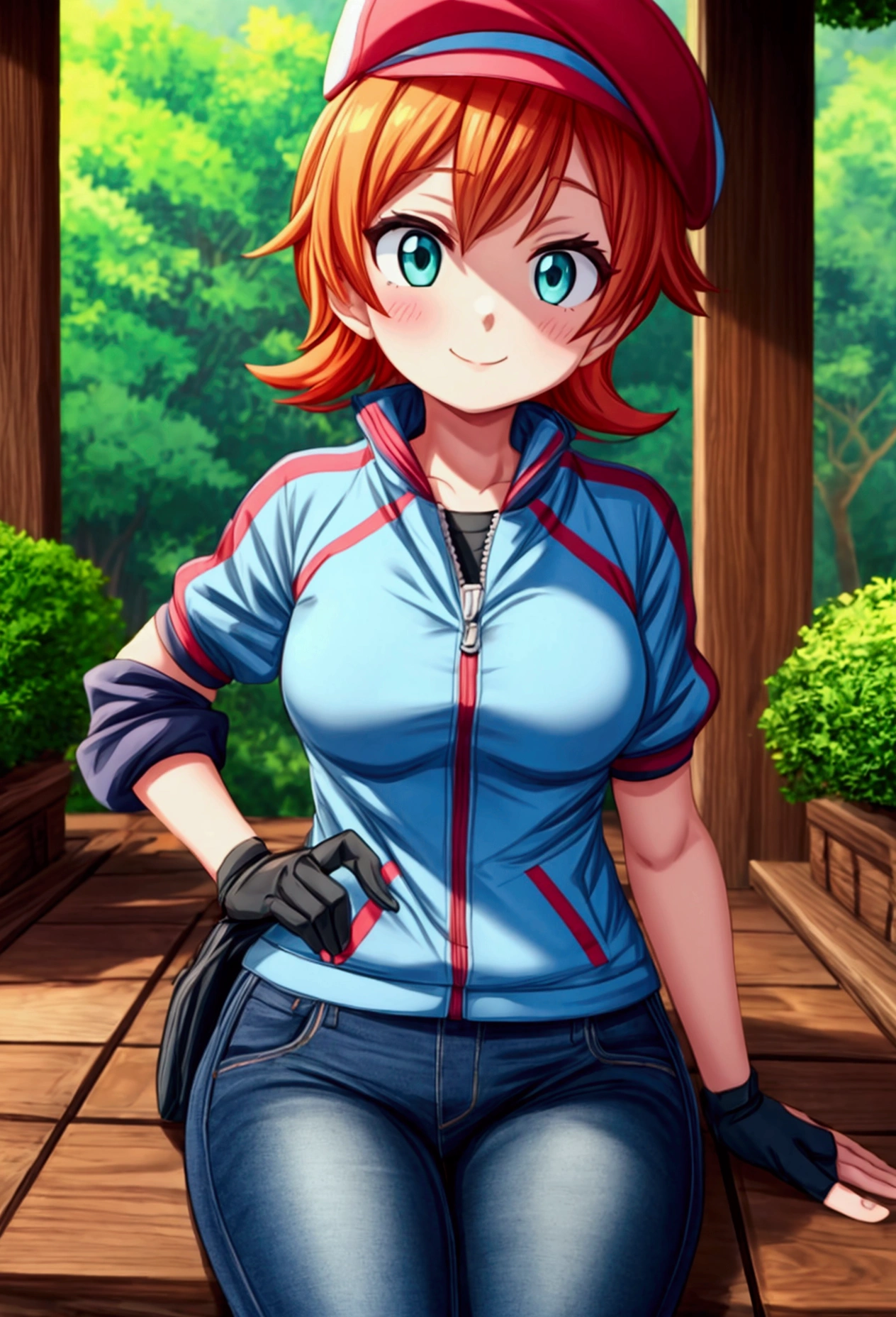 Misty_pokemon ,Orange Hair, one side up hair ,Big green eyes,Small breasts,Skinn, red headwear,
blue jacket, track jacket, popped collar, black shirt, short sleeves, grey pants, jeans, denim, black gloves, fingerless gloves,
smile,closed mouth,cowboy shot,sitting,
forest,outdoor,
(insanely detailed, beautiful detailed face, masterpiece, best quality) cinematic lighting, 