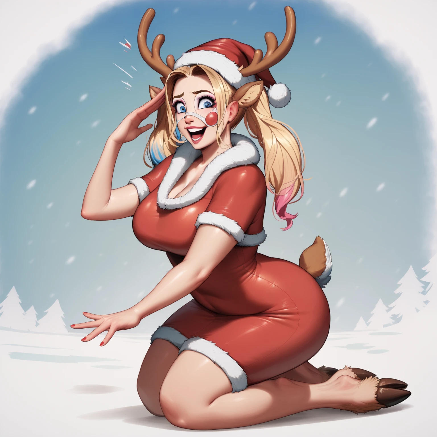 Blonde polar bear woman, wearing a backless Santa dress, perfect face, blue eyes, big breasts, cleavage, back view, big butt, solo, smile, perfect detailed body, pink lipstick,