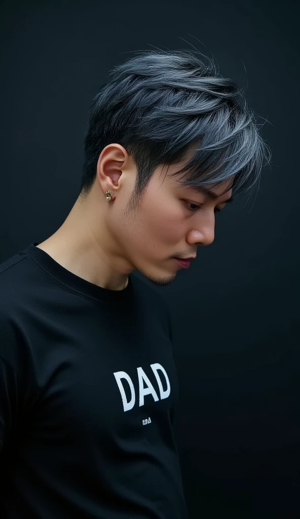 jojo, 38-year-old male, Masterpiece, best quality best, Asian man, East Asian people, one person, 8k, high detail, high detail, detail eyes, hyper realistic, (photorealism:1.2), Black hair with gray Sporadic, HD picture. a handsome Thai man. gray Sporadic black hair slightly bluish. wearing black clothes. is bowing his head with many styles. displays "DAD" on his clothes. divine dark and smoky thin background. detailed and clear creation. blue light font. illustration,