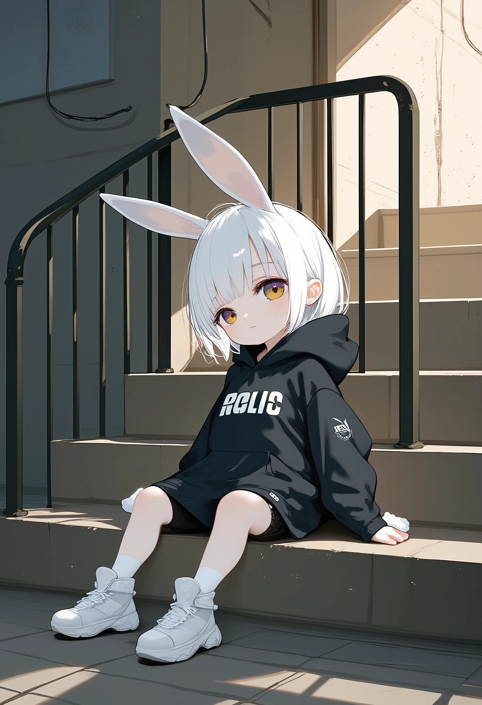 underground style,cute illustration,chibi style,streetwear, trk,girl, black hoodie, Rabbit ears sticking out of the hood,sitting on stairs, urban alley background, tactical boots, dystopian vibe, casual yet edgy, cyberpunk atmosphere, minimalist color scheme,grunge aesthetic, urban decay, subtle lighting, relaxed pose, cityscape wires, muted tones