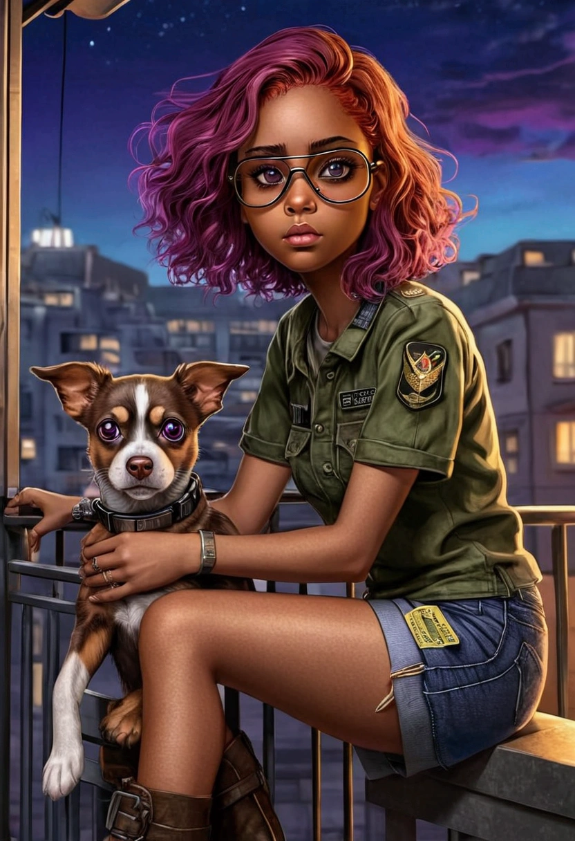  Masterpiece, high quality, best definition, beautiful cartoon, beautiful body, beautiful face, beautiful eyes, beautiful face, beautiful hair, beautiful hands, big cute cartoon eyes, 1  whith  Sitting on metal balcony in a  cyberpunck city, She is dark-skinned, with Latin features, pretty, violet eyes, her eyes are half closed with violet shading and intense red hair short bob, slim and small but athletic body, some mosculature, she has a band-aid on her nose, over her hair pilot's glasses, Olive green t-shirt with military camouflage, black denim shorts and brown boots, with military dog tag collar, it's flat-chested, it's nighttime and there are neon lights