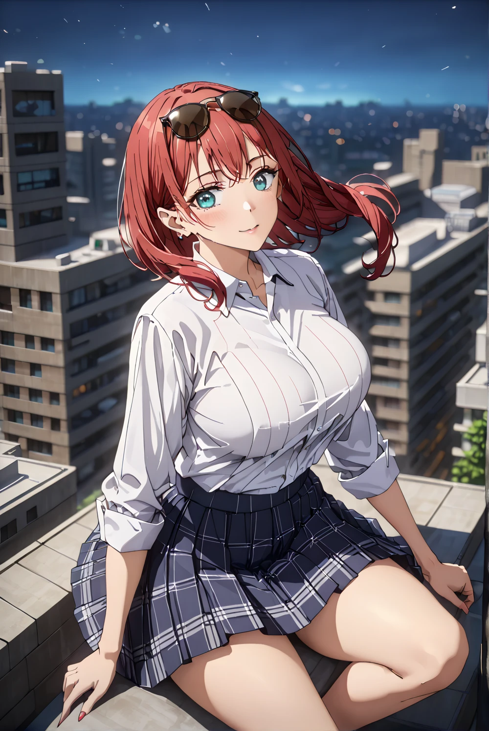 masterpiece, best quality, high quality, detailed, ultra detailed, hyper detailed, exquisite, insanely detailed, beautiful, FHD, Full-HD, 4K, 8k, 16k, highres, absurdres, 1 woman:1.4, ((sunglasses:1.4)), big breast, ((thin khaki hair:1.4, red hair:1.4, gradient hair)), ((two side up hair)), hair ribbon, ((drill hair:1.4, short hair)), (school uniform), white shirt, plaid-pattern pleated-skirt, dark blue skirt, aqua Marin eyes, eyes wide open, (forehead), sitting on top of a building, night, glamor body