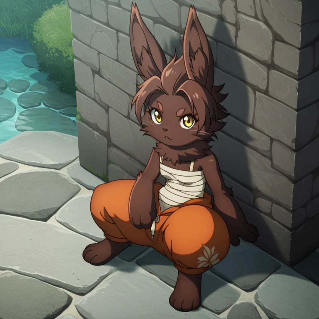 score_9, score_8_up, score_7_up, score_6_up, score_5_up, score_4_up, source_furry, Bilacslf, semi-anthro ,female, rabbit, brown fur, gold eyes, sarashi flaccid, boobs visible,  outside, sitting, on a wall, looking at the viewer, open legs, vagina visible,