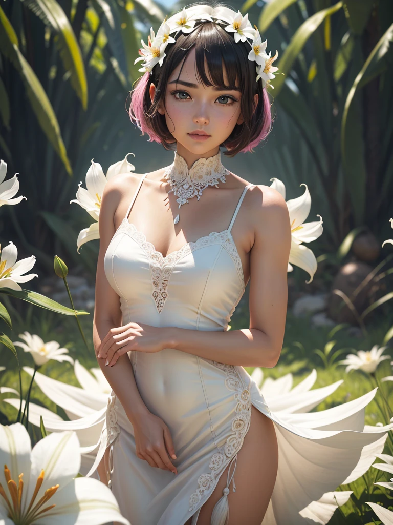 Nipples, ((Light blue underwear))、(((masterpiece, Highest quality)), 1 girl, (Realistic: 1.4), alone, navy background, White hair, ((blunt bangs))、hime_cut、Short Hair,smile、 ((whole body)), Very beautiful woman、Slender women、(Detailed face)、Realistic Skin、((Delicate photo)),(Girl Masterpiece RAW Photo Details:1.25), (Highest quality:1.6), (Ultra-high resolution:1.5), (Realistic:1.75),8k resolution, ,50mm,Absurd, Ultra-detailed,Cinema Lighting、((((Lots of flowers))))、(((Lots of flower art)))、Artwork、art、