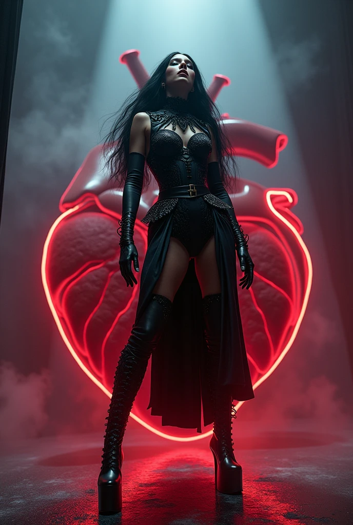 Demon sexy woman in latex kneeling during a satanic ritual, small , satanic ritual, front view, looking at camera, scary background, demonic woman, smoke, high waist mesh, latex, perfect body, half body, sensual posing, perfect face, perfect eyes, ultra detailed, photorealistic, masterpiece, intense red and yellow lighting effects, gothic,