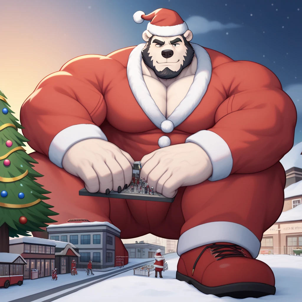 Scribble Polar Bear face,furry(Polar Bear),(Santa Claus Clothes:1.3), (Christmas jacket, Christmas hat, Christmas pants, Christmas shoes, shirt) chuppy, muscular , man, mature, fit,(Black eyebrows:1.1), white fur ，Black thick beard，（artist:Takemoto Arashi）， with both hands flat on the test bench ，teasing, looks serious, good-natured and gentle, (Massiv:3.0, ( heavyweight ,stark,Macro, Emphasize )), background(( City center, Christmas market, stalls, a very large Christmas tree )), the little human ren s are with the big frindly giant Santa Claus Polar Bear and want to tell him their Christmas wishes