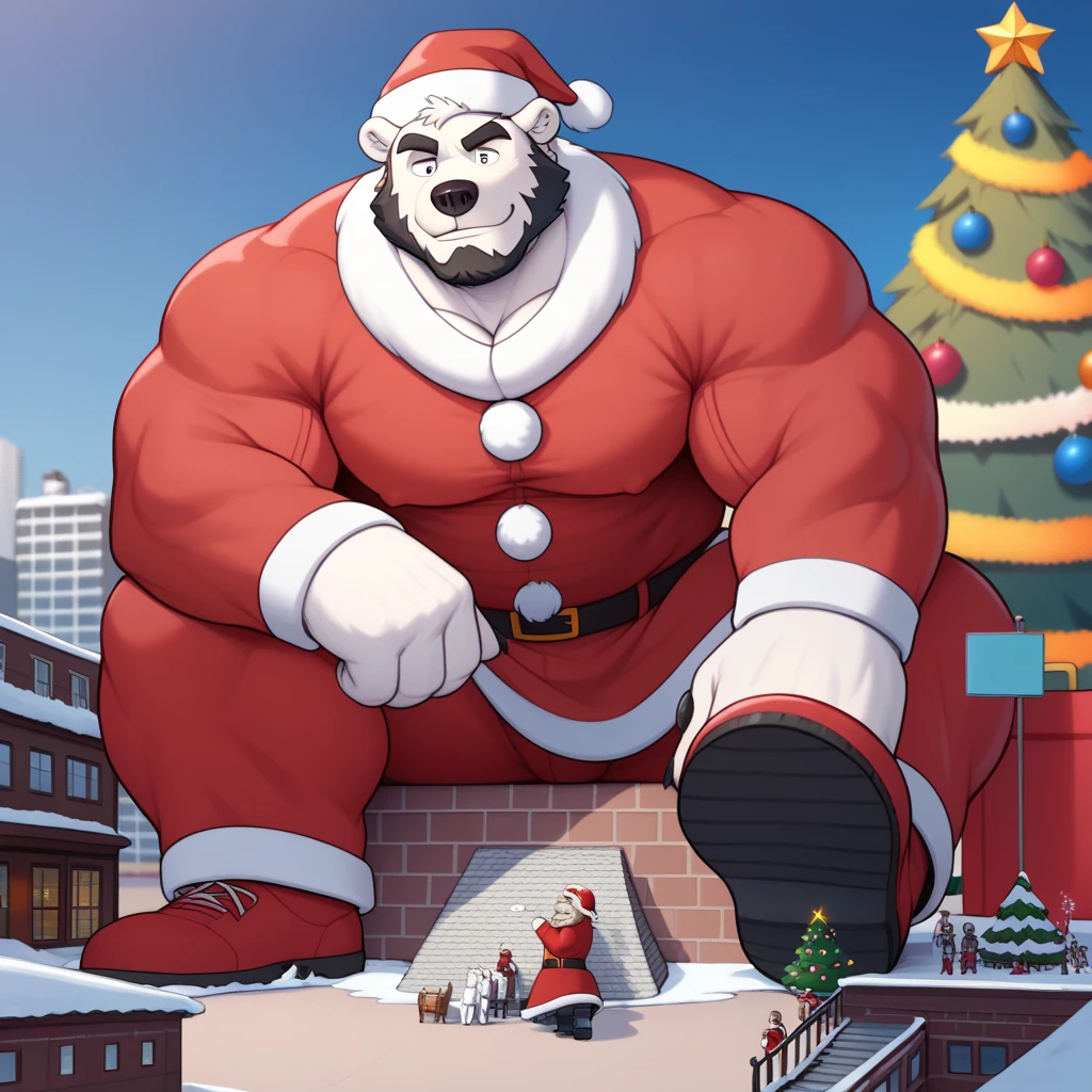 Scribble Polar Bear face,furry(Polar Bear),(Santa Claus Clothes:1.3), (Christmas jacket, Christmas hat, Christmas pants, Christmas shoes, shirt) chuppy, muscular , man, mature, fit,(Black eyebrows:1.1), white fur ，Black thick beard，（artist:Takemoto Arashi）， with both hands flat on the test bench ，teasing, looks serious, good-natured and gentle, (Massiv:3.0, ( heavyweight ,stark,Macro, Emphasize )), background(( City center, Christmas market, stalls, a very large Christmas tree )), the little human ren s are with the big frindly giant Santa Claus Polar Bear and want to tell him their Christmas wishes