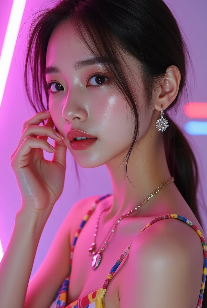 Portrait of a beautiful Japanese woman ,  Stylish Closeup , Small Head, Place your hand on your cheek, Oily skin,  Light Brown Hair , Unkempt damp low ponytail hair, Brilliant surreal color :1.331,  Sketchy Style :1.331,  high definition,  Digital Artwork ,  vibrant minidress,  Necklaces ,  earrings, 
