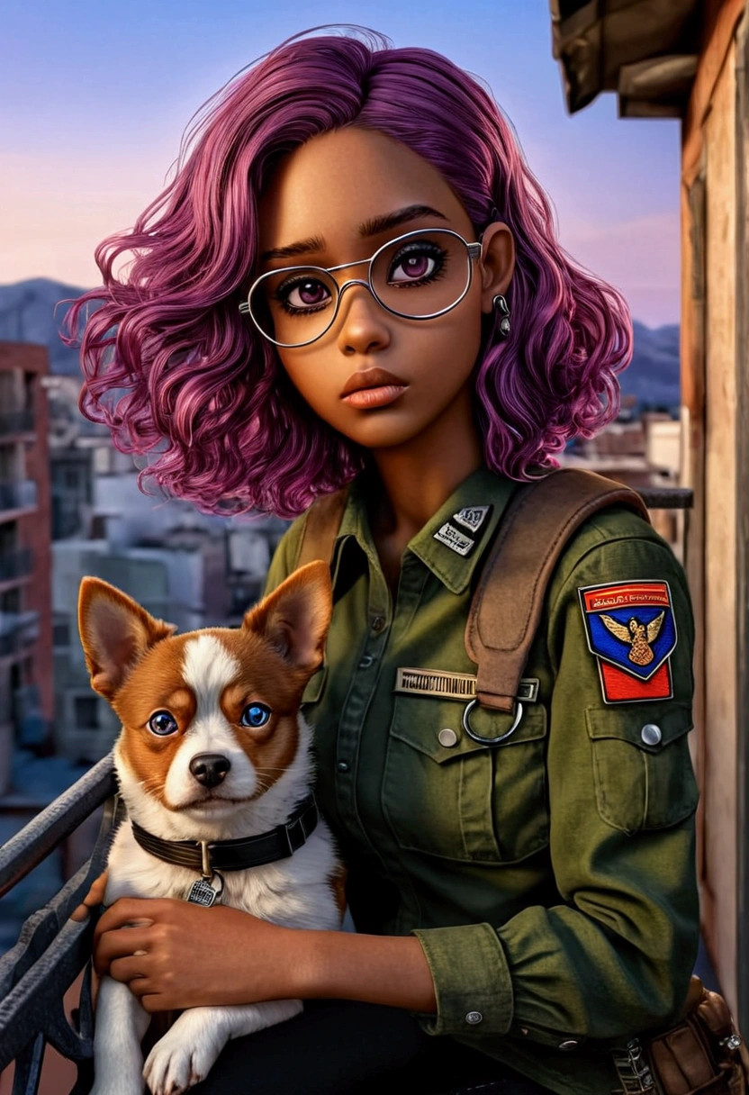  Masterpiece, high quality, best definition, beautiful cartoon, beautiful body, beautiful face, beautiful eyes, beautiful face, beautiful hair, beautiful hands, big cute cartoon eyes, 1  whith  Sitting on metal balcony in a  cyberpunck city, She is dark-skinned, with Latin features, pretty, violet eyes, her eyes are half closed with violet shading and intense red hair short bob, slim and small but athletic body, some mosculature, she has a band-aid on her nose, over her hair pilot's glasses, Olive green t-shirt with military camouflage, black denim shorts and brown boots, with military dog tag collar, it's flat-chested, it's nighttime and there are neon lights, la acompaña un perro pastor alemán con chaleco táctico para perro