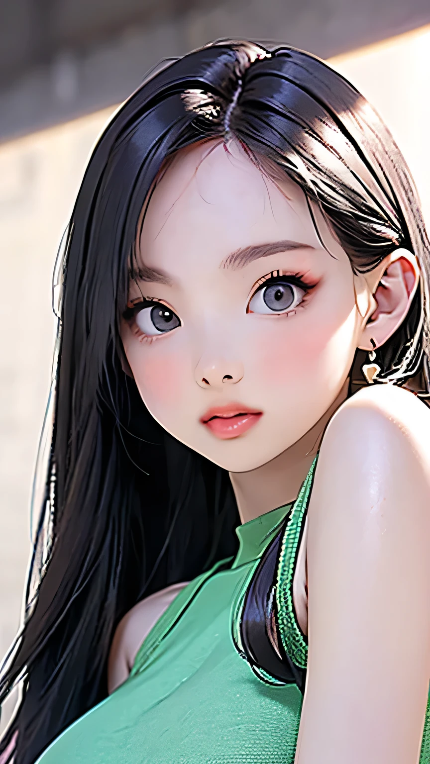 (masterpiece, highres, high resolution:1.2), anime 20 yo girl, portrait, shoulders up, illustration. drawn, violet hair, asian girl, green eyes, blushing, solo, surprised, freckles, big lips, huge breasts, perfect body, wearing a tight crop top, no hands.