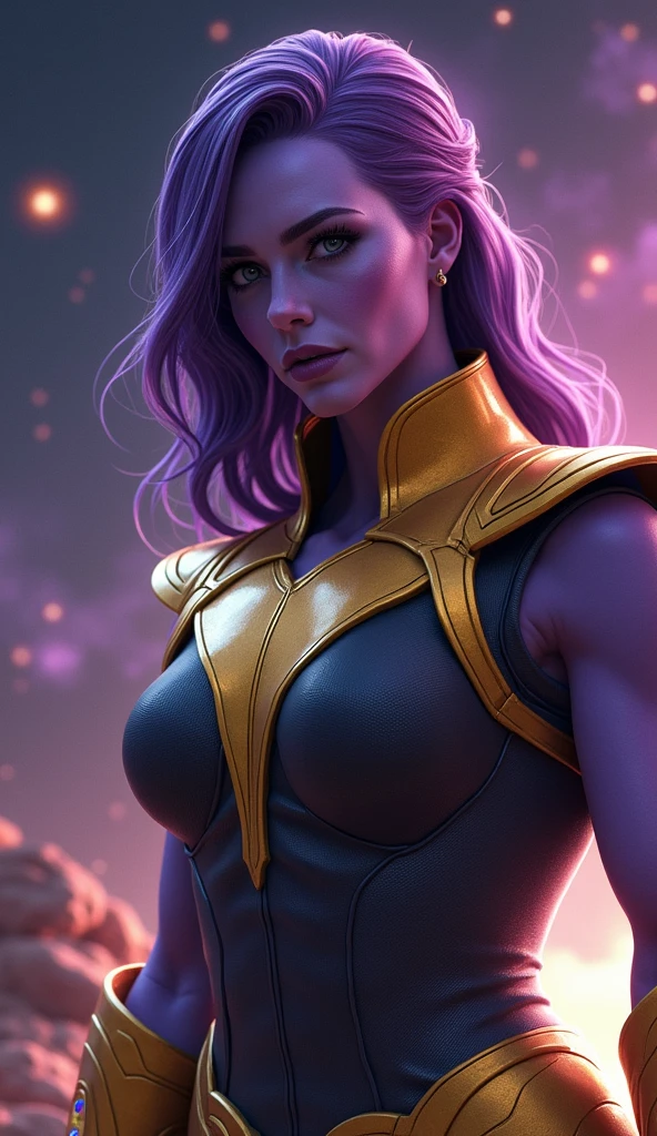 Closeup fullbody portrait of female Thanos, Space background, atmospheric scene, masterpiece, best quality, (detailed beautiful face, detail skin texture, ultra-detailed body:1.1), fantasy, feminine+, shiny wet skin, looking at viewer, modelshoot style, (extremely detailed CG), photo of beautiful artwork, High Detail, Sharp focus, dramatic+, (photorealistic), Intricate, handsome,