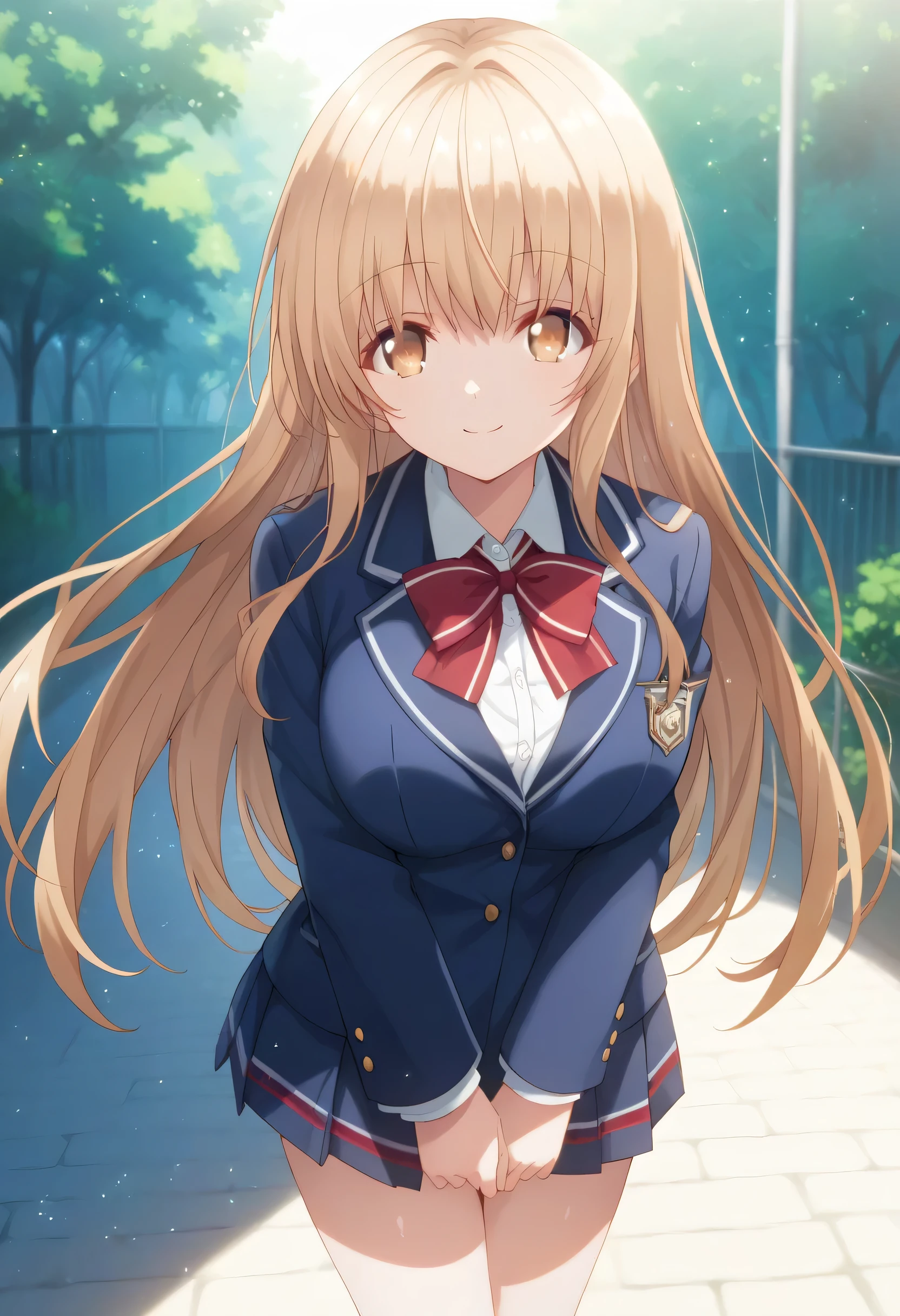 Solo, POV, Mahiru Shiina, The Angel Next Door Spoils Me Rotten, big breast, school uniform, blue blazer, smile, standing, outdoor, Volumetric lighting, Volumetric particles,