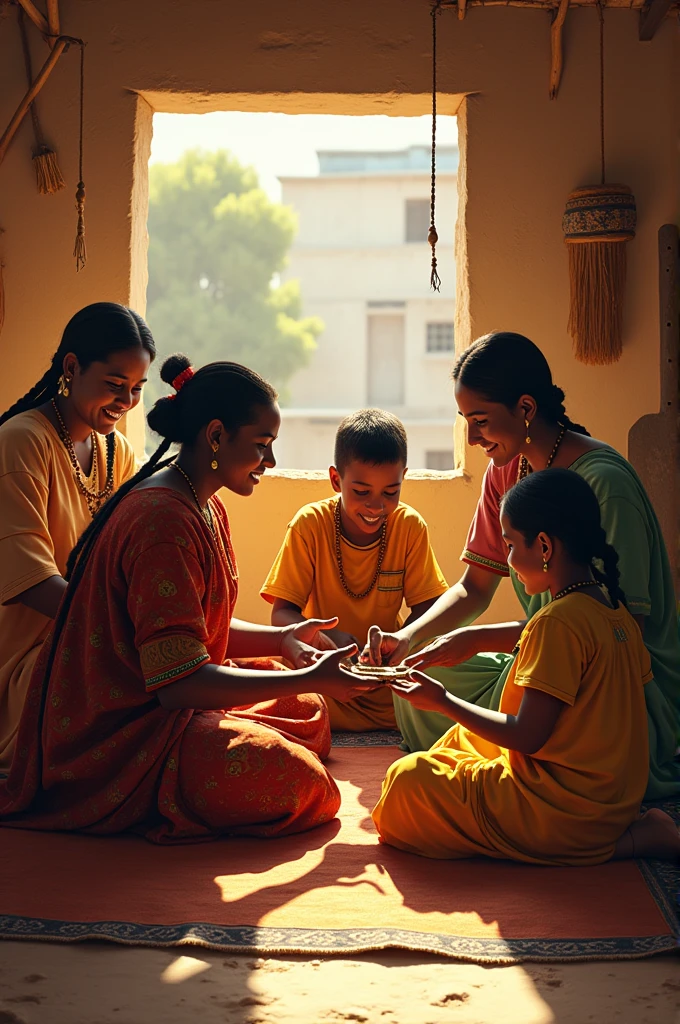 Creat a 3d AI IMMAGE OF Indian old plam manuscript book with red cloth and two lady and one boy are reading this
