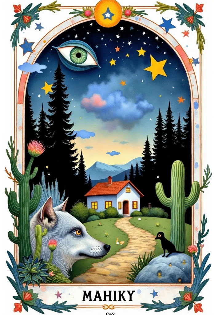       beautiful logo on the back of the tarot card in the center of the white background， with a large female eye ，The pupils are green，Reflects the dark forest ， with the head of a gray wolf and a house , painting \(medium\) , ночное Sky и галактика,       One star                 \(Sky\),                 One star                 \(symbol\),     watercolor \(medium\),     ночное Sky и галактика,  lots of white background and tarot frame   