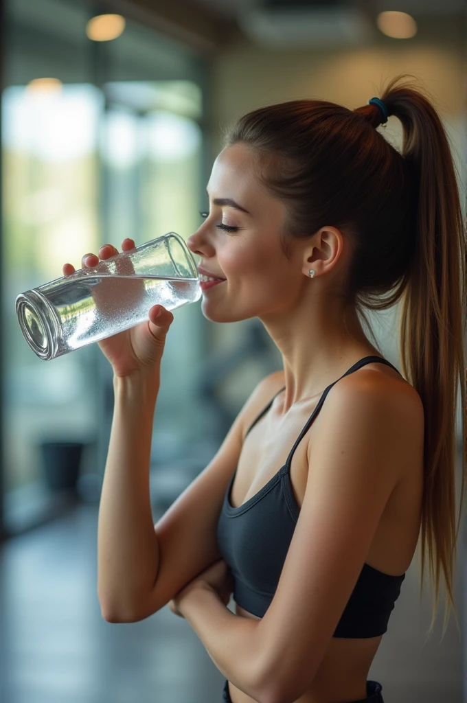 "Anikaxxx (anikaxxx), a beautiful woman with long brown hair, is drinking water from a glass while holding a bottle of vitamins in her other hand. She is sitting at a kitchen counter, dressed casually in a short-sleeved white shirt. Her expression is happy and energetic, emphasizing the importance of hydration and nutrition for healthy skin. The kitchen is bright and modern, creating a fresh and lively atmosphere."
