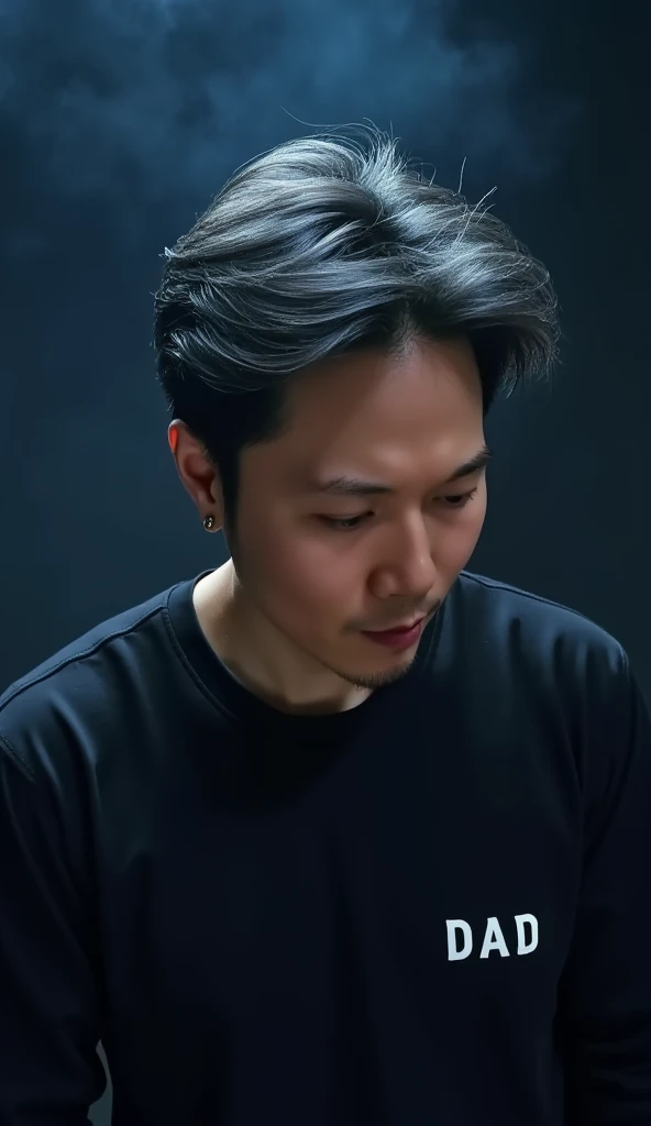 jojo, 37-year-old male, Masterpiece, best quality best, Asian man, East Asian people, one person, 8k, high detail, high detail, detail eyes, hyper realistic, (photorealism:1.2), Black hair with gray Sporadic, HD picture. a handsome Thai man. gray Sporadic black hair slightly bluish. wearing black clothes. is bowing his head with many styles. displays "DAD" on his clothes. divine dark and smoky thin background. detailed and clear creation. blue light font. illustration,