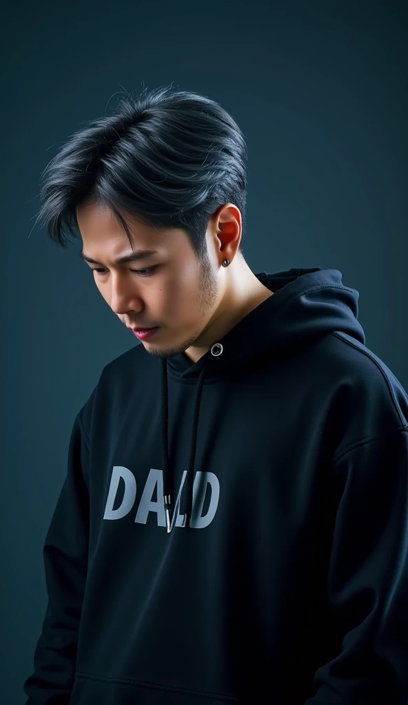 jojo, 37-year-old male, Masterpiece, best quality best, Asian man, East Asian people, one person, 8k, high detail, high detail, detail eyes, hyper realistic, (photorealism:1.2), Black hair with gray Sporadic, HD picture. a handsome Thai man. gray Sporadic black hair slightly bluish. wearing black clothes. is bowing his head with many styles. displays "DAD" on his clothes. divine dark and smoky thin background. detailed and clear creation. blue light font. illustration,