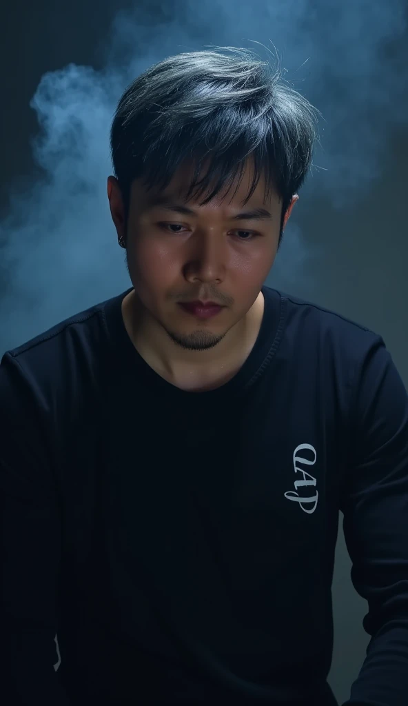 jojo, 37-year-old male, Masterpiece, best quality best, Asian man, East Asian people, one person, 8k, high detail, high detail, detail eyes, hyper realistic, (photorealism:1.2), Black hair with gray Sporadic, HD picture. a handsome Thai man. gray Sporadic black hair slightly bluish. wearing black clothes. is bowing his head with many styles. displays "DAD" on his clothes. divine dark and smoky thin background. detailed and clear creation. blue light font. illustration,