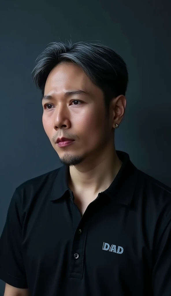 jojo, 37-year-old male, Masterpiece, best quality best, Asian man, East Asian people, one person, 8k, high detail, high detail, detail eyes, hyper realistic, (photorealism:1.2), Black hair with gray Sporadic, HD picture. a handsome Thai man. gray Sporadic black hair slightly bluish. wearing black clothes. is bowing his head with many styles. displays "DAD" on his clothes. divine dark and smoky thin background. detailed and clear creation. blue light font. illustration,