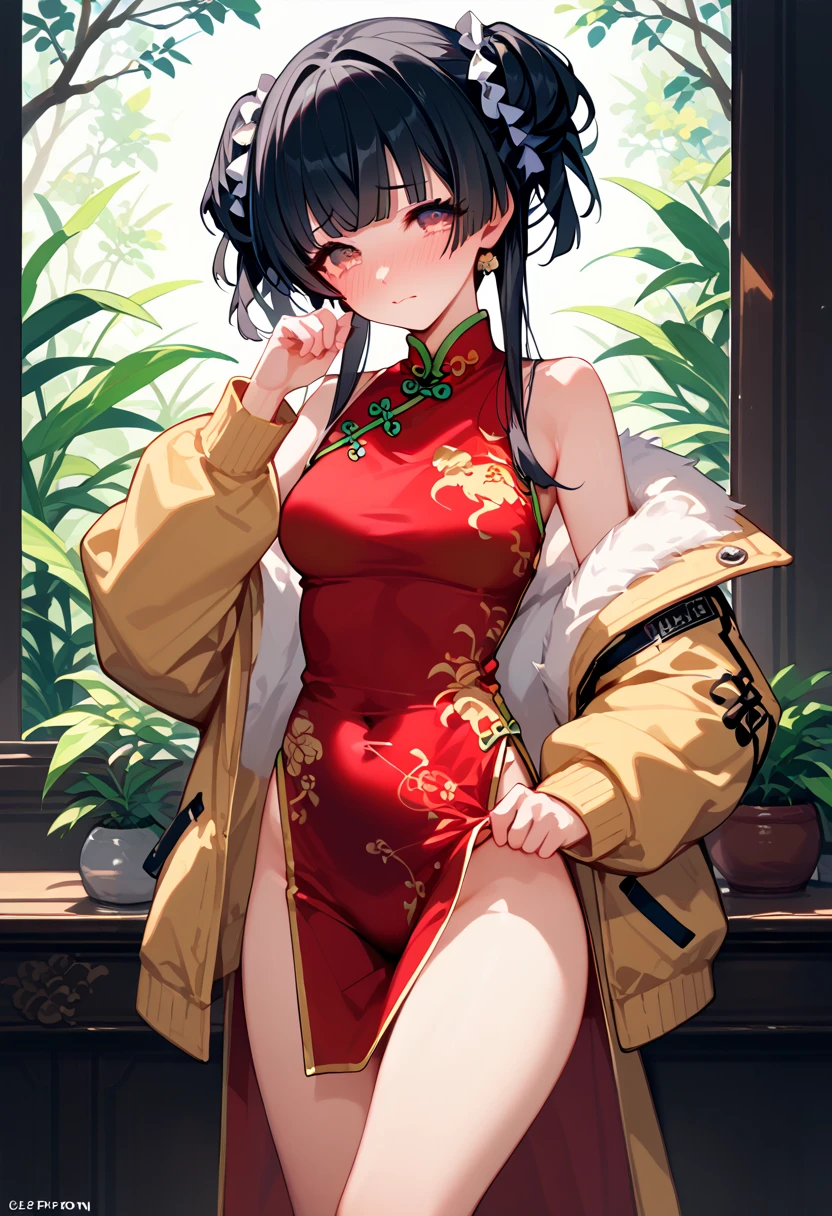 standing, (((leotard,Chinese dress ,baggy Down jacket ,in the privateroom,shy,enjoy))) ,Extremely loving sexual acts based on pure love ,happy,very satisfied,ecstasy , Fuyuko Mayuzumi, (((black_hair)))